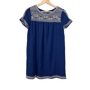Lucky Brand Embroidered Navy Blue White Short Sleeve Mini Shift Dress Boho XS